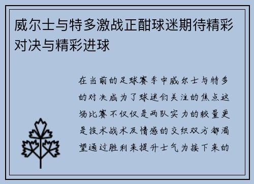 威尔士与特多激战正酣球迷期待精彩对决与精彩进球